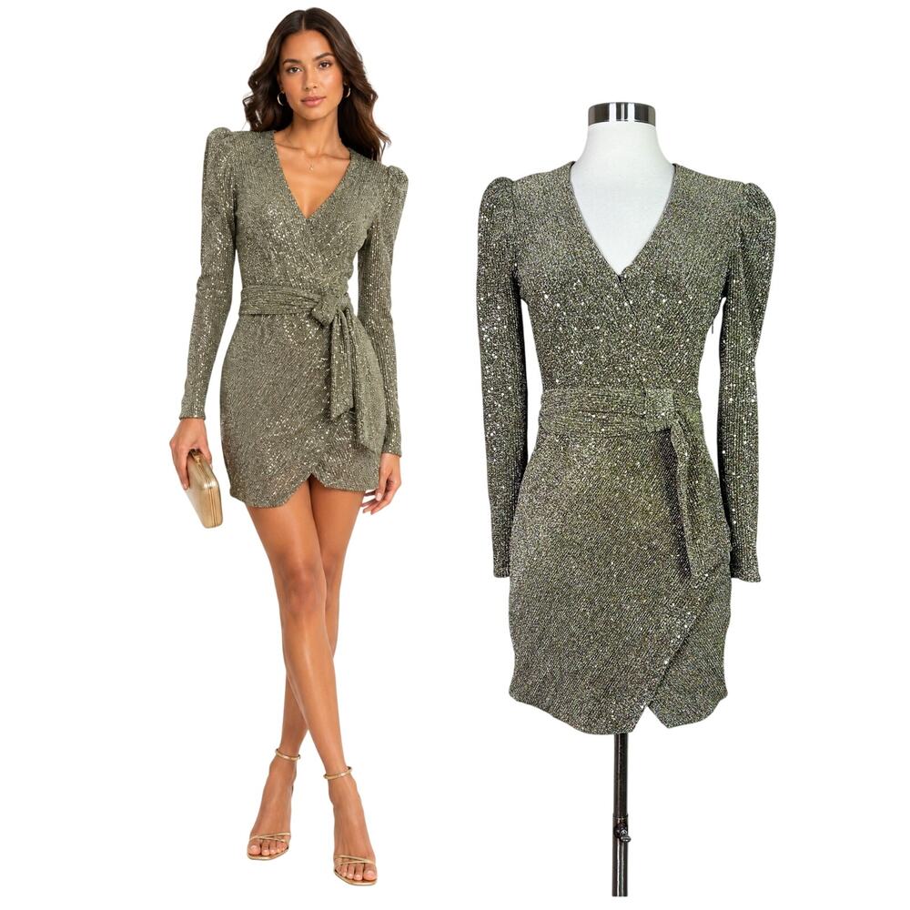 SAYLOR | Gold Metallic Sequin Juanita Draped Belt Puff Cocktail Mini Dress XS